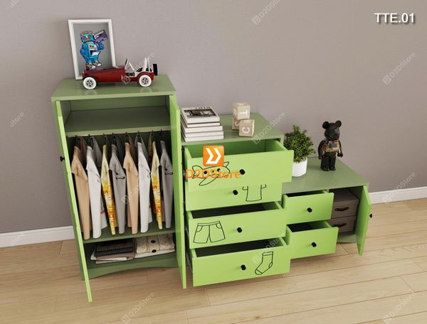 Bộ 3 tủ cho bé đựng quần áo, sách vở, đồ chơi họa tiết CNC hình chó mã TTE.01
