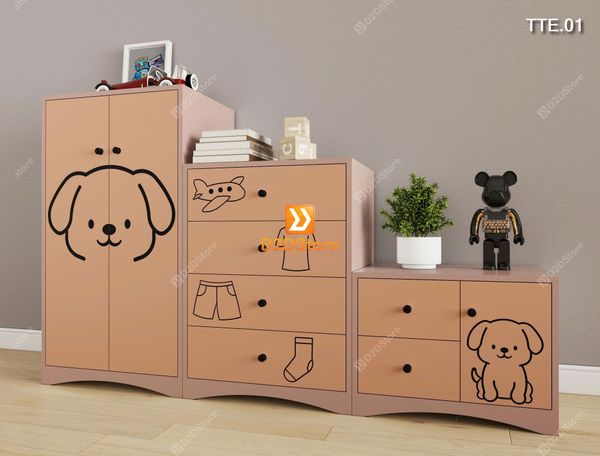 Bộ 3 tủ cho bé đựng quần áo, sách vở, đồ chơi họa tiết CNC hình chó mã TTE.01