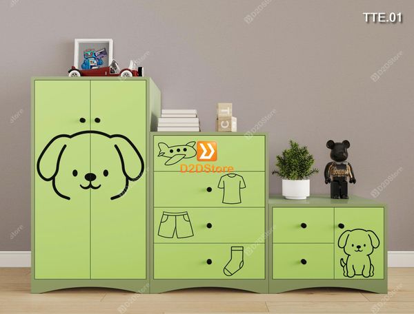 Bộ 3 tủ cho bé đựng quần áo, sách vở, đồ chơi họa tiết CNC hình chó mã TTE.01