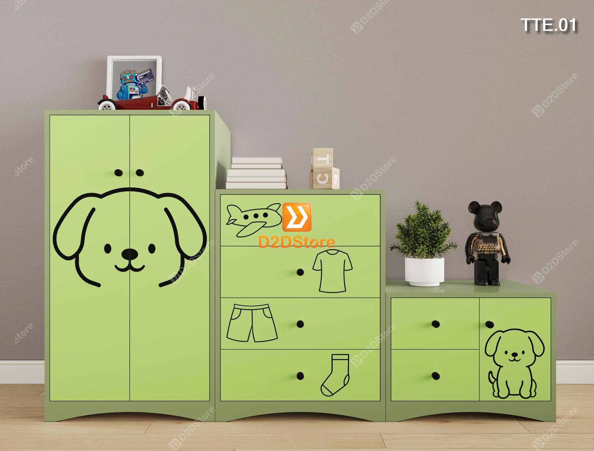  Bộ 3 tủ cho bé đựng quần áo, sách vở, đồ chơi họa tiết CNC hình chó mã TTE.01 