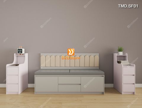 Bộ sofa module có nhiều ngăn tủ ngồi thư giãn và lưu trữ đồ dùng trang trí mã TMD.SF01