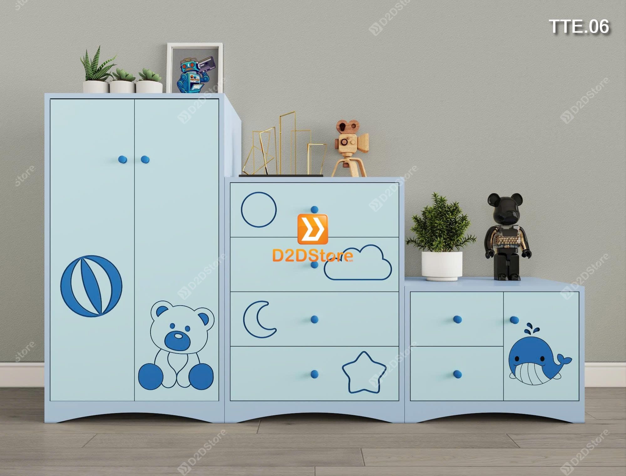  Bộ 3 tủ cho bé đựng quần áo, sách vở, đồ chơi họa tiết CNC hình gấu và cá heo mã TTE.06 