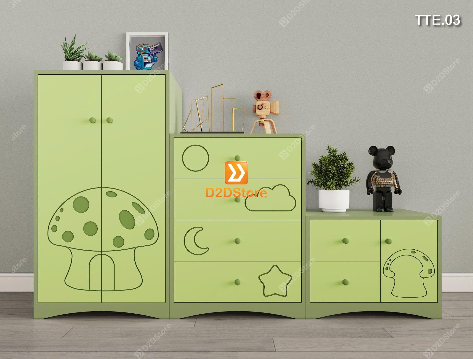 Bộ 3 tủ cho bé đựng quần áo, sách vở, đồ chơi họa tiết CNC hình nấm mã TTE.03 