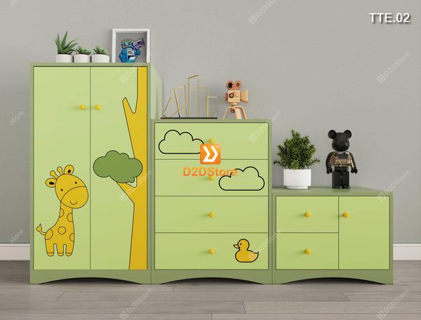 Bộ 3 tủ cho bé đựng quần áo, sách vở, đồ chơi họa tiết CNC hình hươu và vịt mã TTE.02