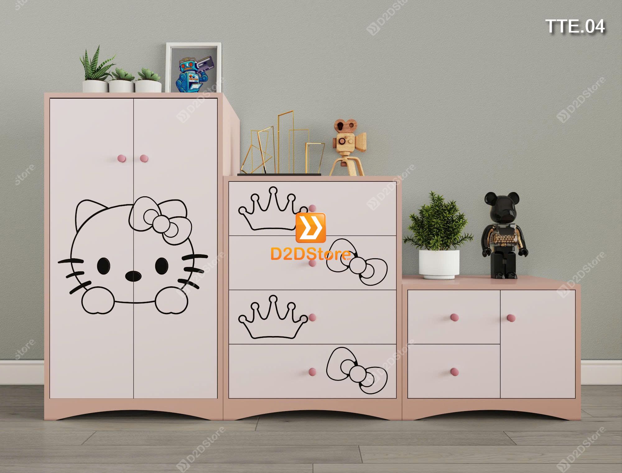  Bộ 3 tủ cho bé đựng quần áo, sách vở, đồ chơi họa tiết CNC hình mèo mã TTE.04 