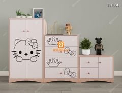 Bộ 3 tủ cho bé đựng quần áo, sách vở, đồ chơi họa tiết CNC hình mèo mã TTE.04