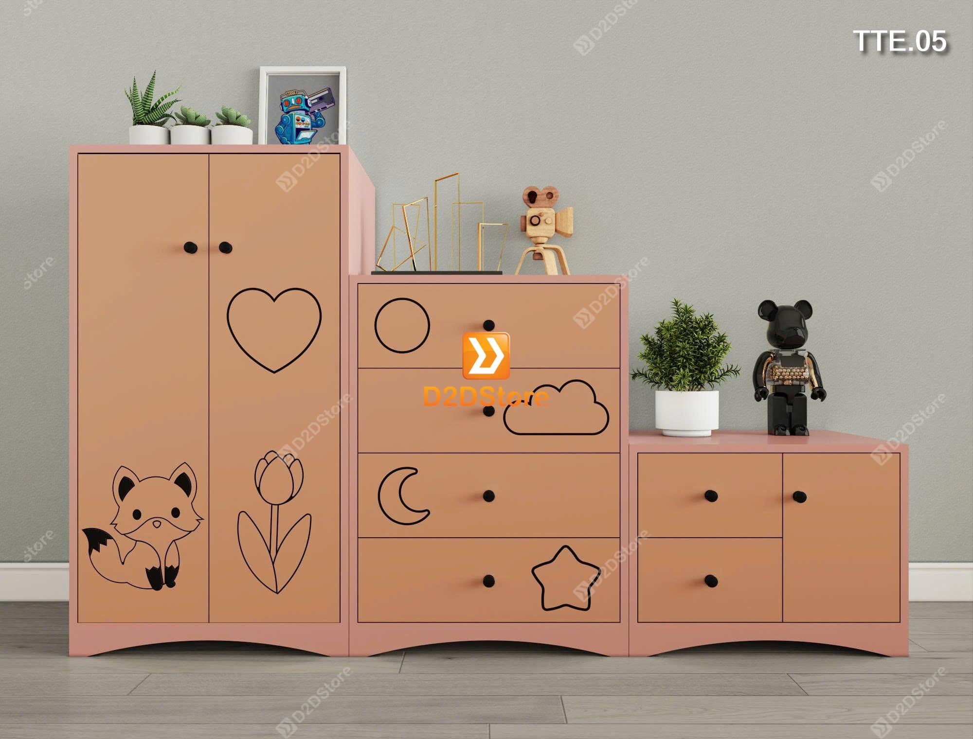  Bộ 3 tủ cho bé đựng quần áo, sách vở, đồ chơi họa tiết CNC hình cáo mã TTE.05 