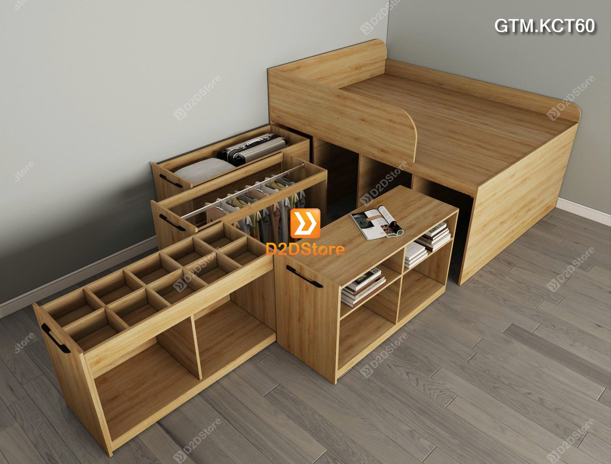  Giường thông minh tích hợp 4 tủ ngăn kéo dưới giường tiện ích không cầu thang cao 60cm mã GTM.KCT60 