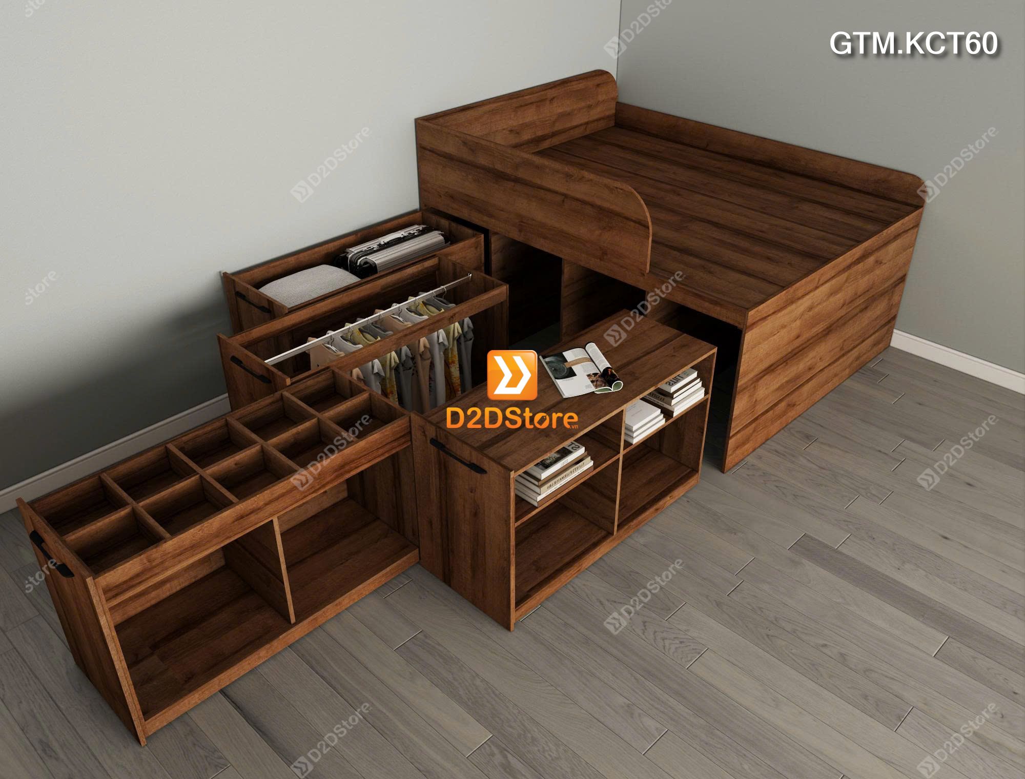  Giường thông minh tích hợp 4 tủ ngăn kéo dưới giường tiện ích không cầu thang cao 60cm mã GTM.KCT60 