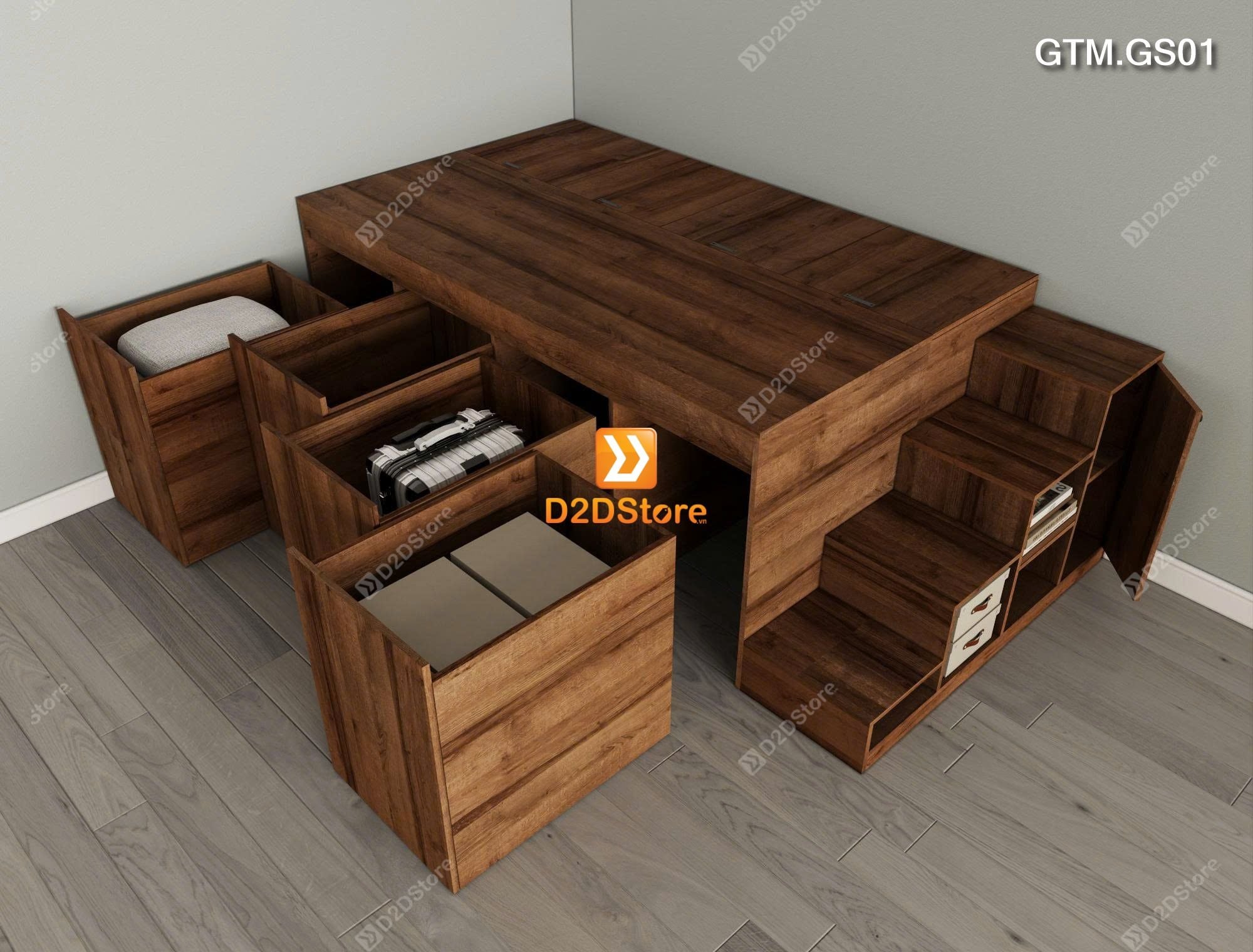  Giường bục có 4 tủ kéo lưu trữ thông minh có cầu thang mã GTM.GS01 