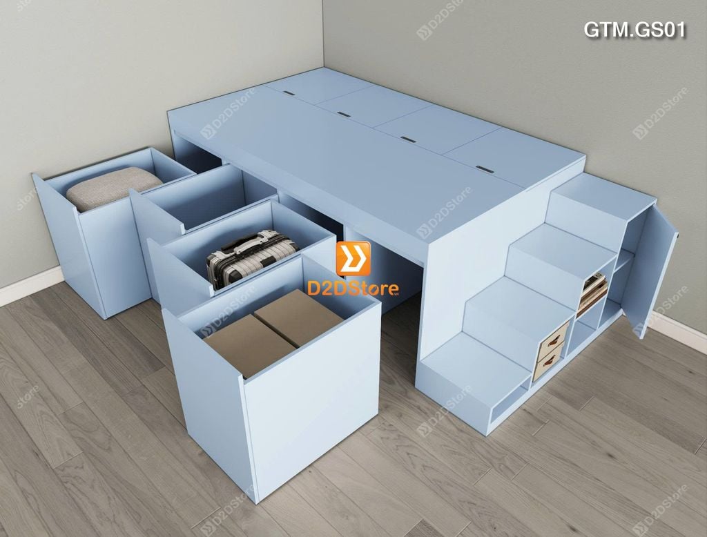 Giường bục có 4 tủ kéo lưu trữ thông minh có cầu thang mã GTM.GS01