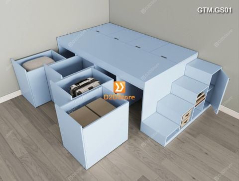 Giường bục có 4 tủ kéo lưu trữ thông minh có cầu thang mã GTM.GS01