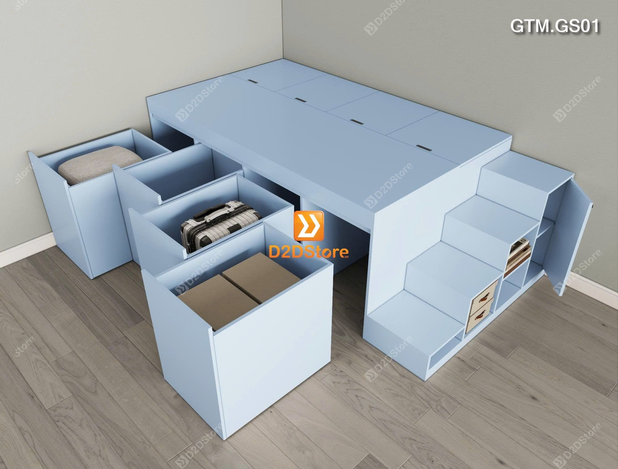  Giường bục có 4 tủ kéo lưu trữ thông minh có cầu thang mã GTM.GS01 