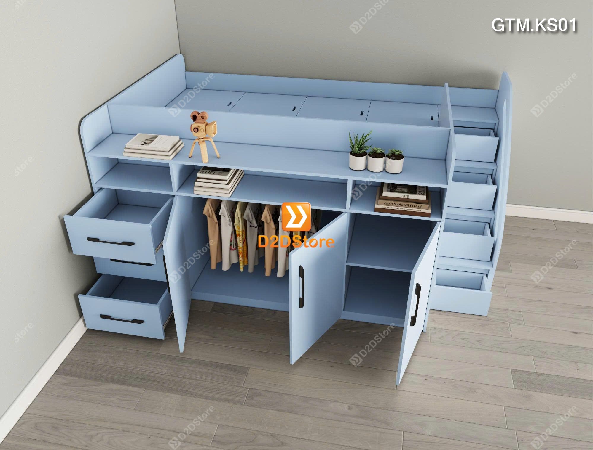  Giường thông minh tích hợp tủ và kệ sách có cầu thang mã GTM.KS01 