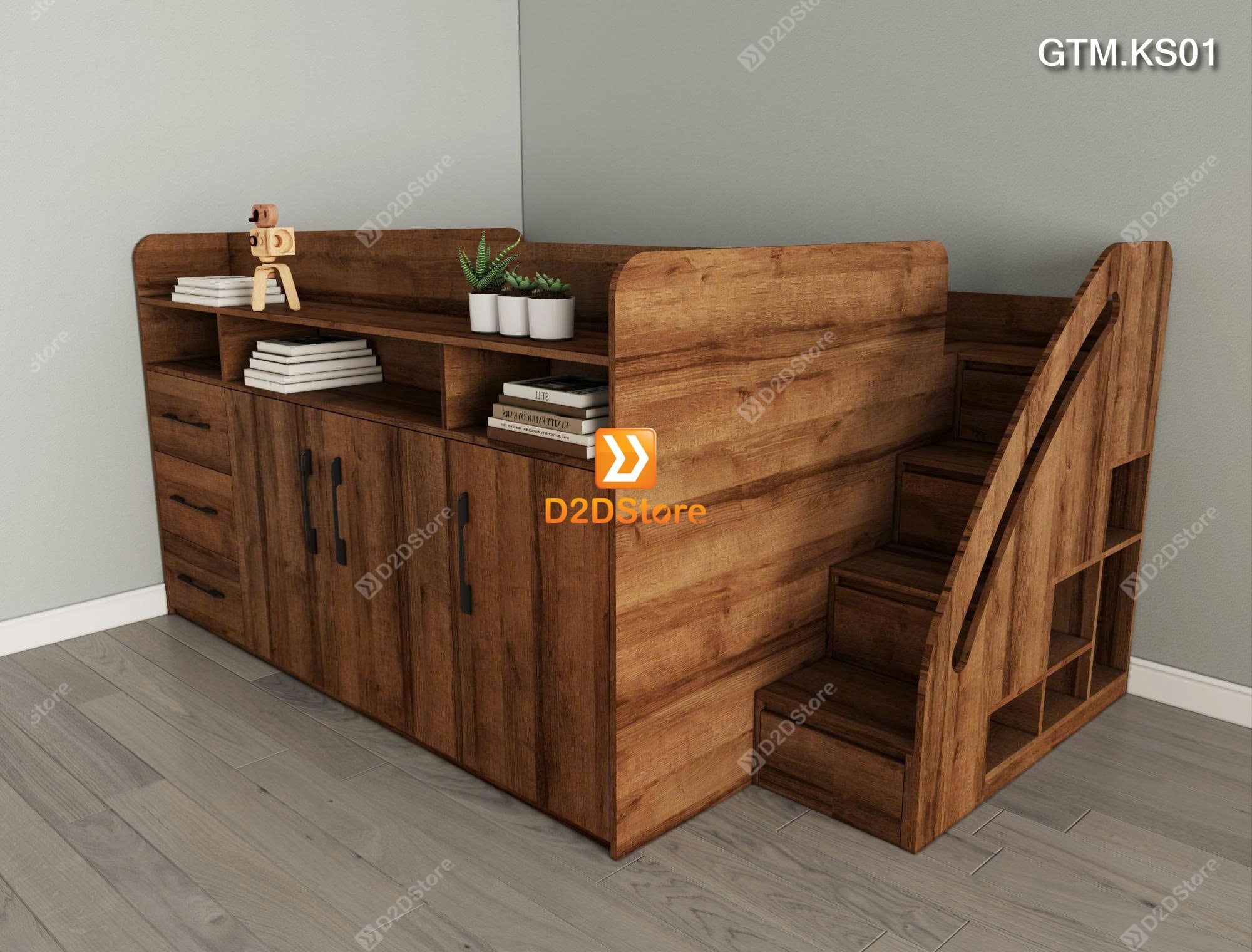  Giường thông minh tích hợp tủ và kệ sách có cầu thang mã GTM.KS01 