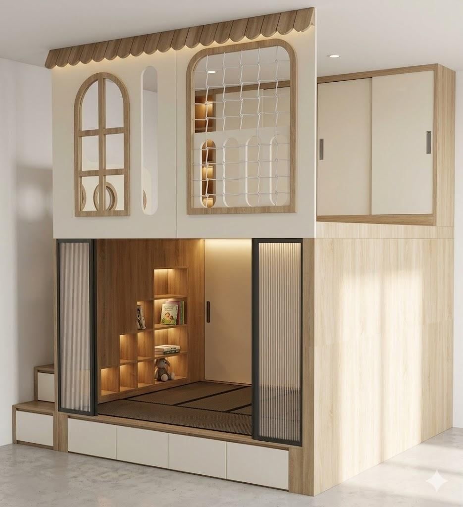 Phòng ngủ giường tầng cho bố mẹ và 1 bé trai nhà anh Phi