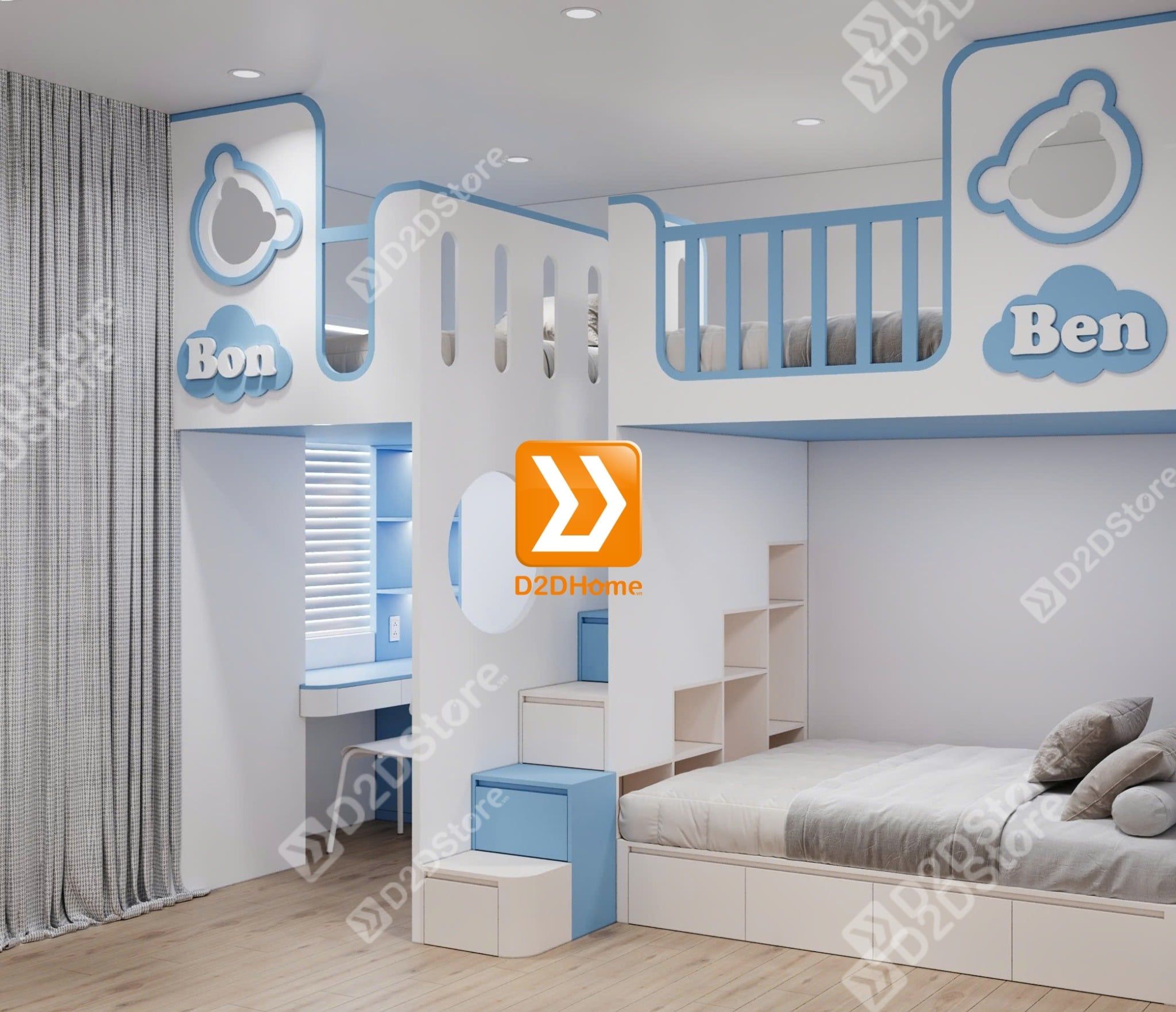  Phòng ngủ giường tầng cho bố mẹ và 2 bé trai nhà chị Linh Neo 