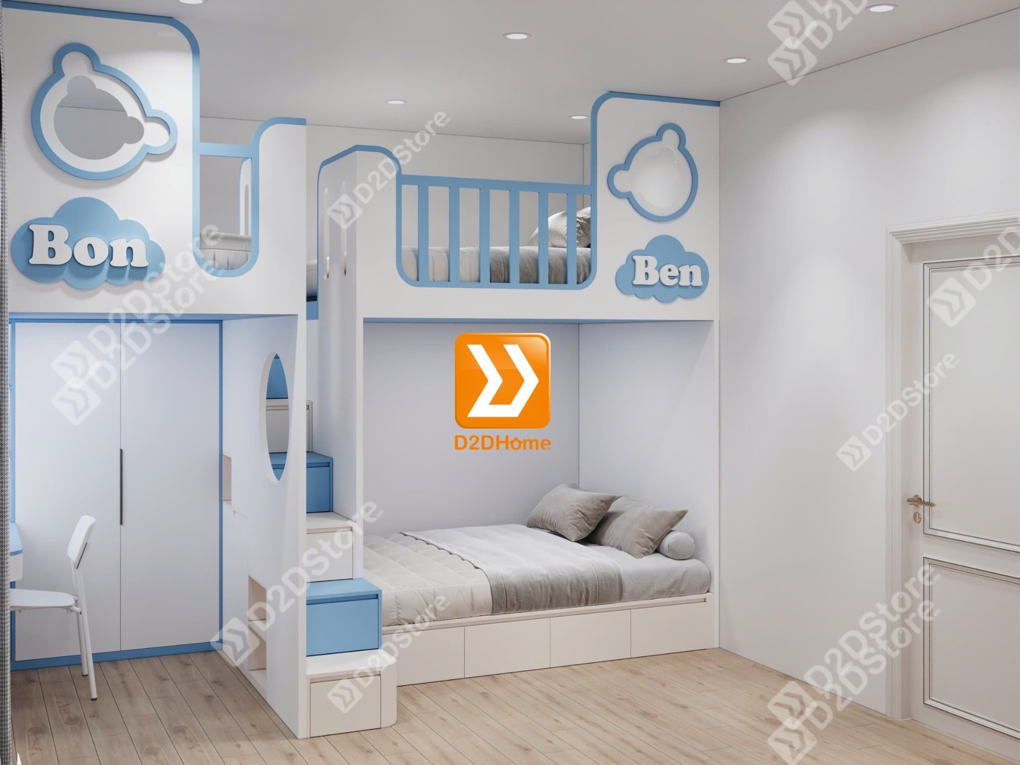  Phòng ngủ giường tầng cho bố mẹ và 2 bé trai nhà chị Linh Neo 