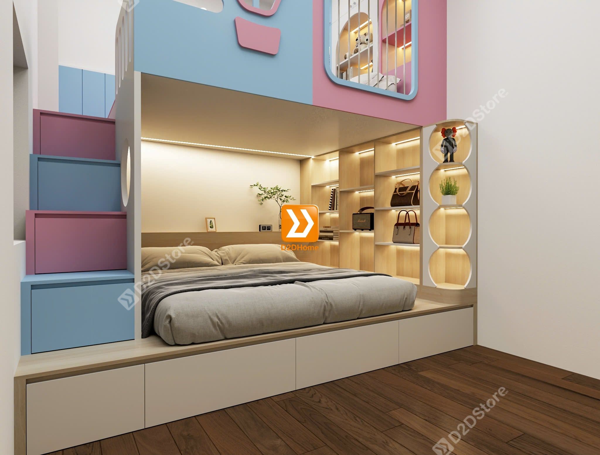  Phòng ngủ giường tầng cho bố mẹ và 2 bé gái nhà anh Duy 