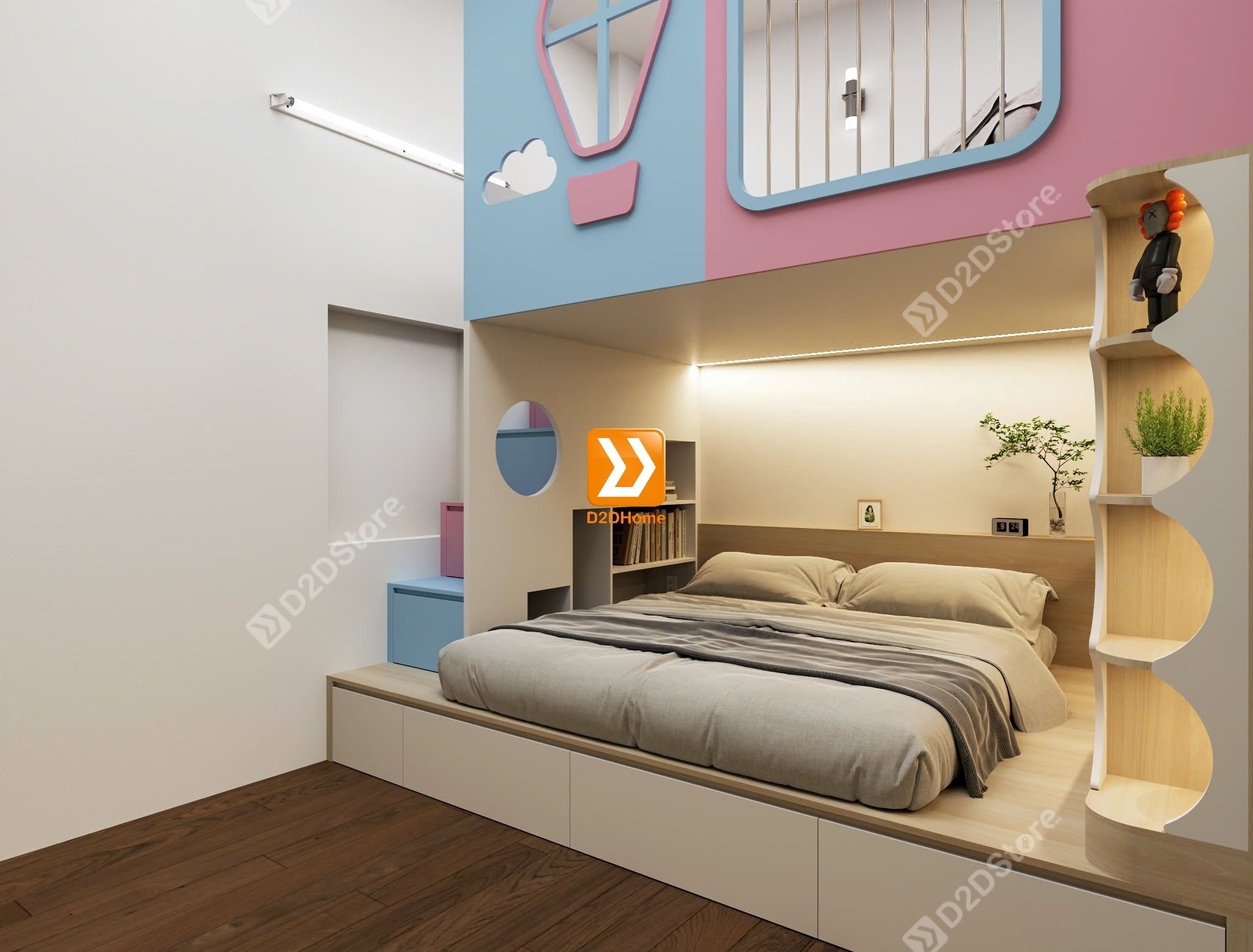  Phòng ngủ giường tầng cho bố mẹ và 2 bé gái nhà anh Duy 