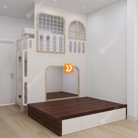 Phòng ngủ giường tầng cho bố mẹ và 2 bé trai nhà chị Lục Yến