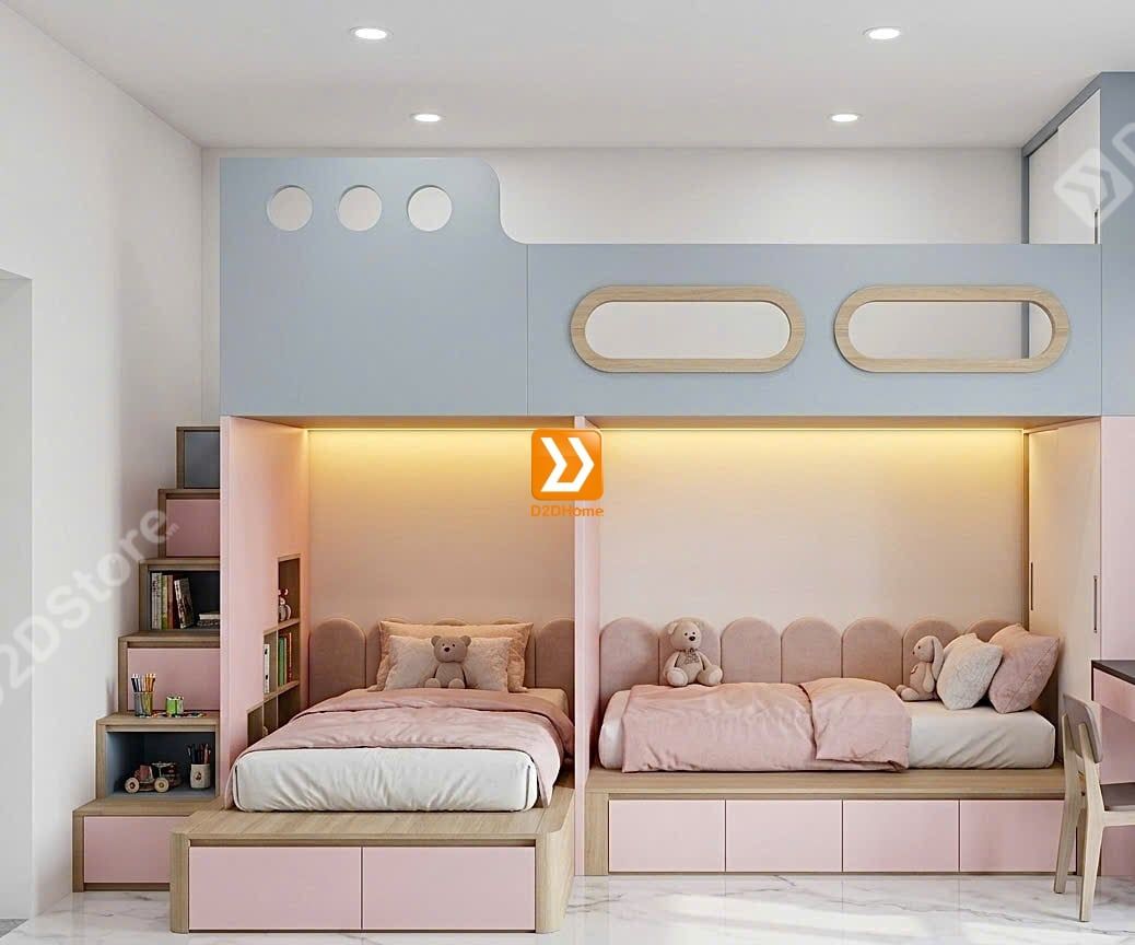  Phòng ngủ giường tầng cho 2 bé gái 1 bé trai nhà chị Ngọc Hạnh 