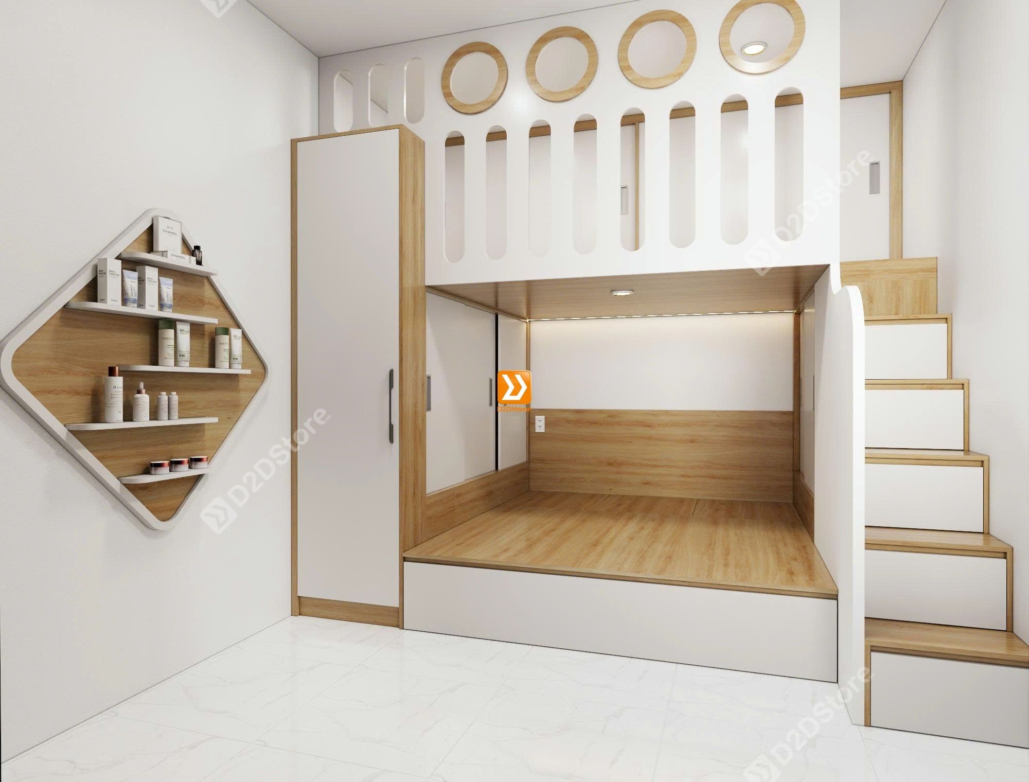 Phòng ngủ giường tầng cho bố mẹ và 2 bé trai nhà chị Ami Mai