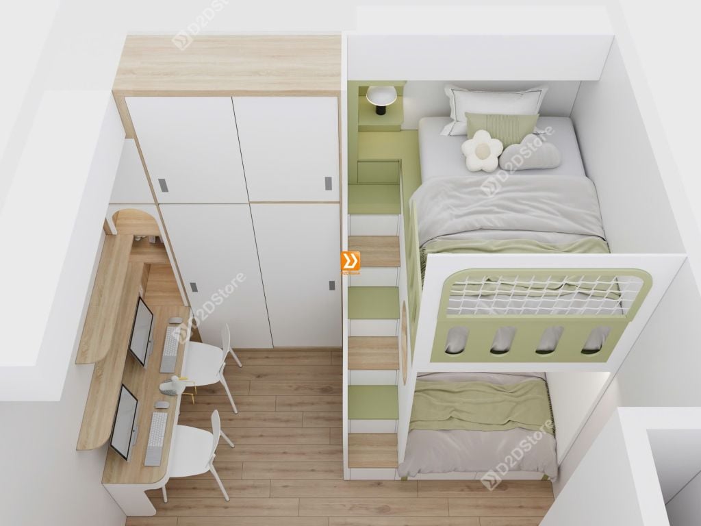 Phòng ngủ giường tầng cho 2 bé trai nhà anh Dũng
