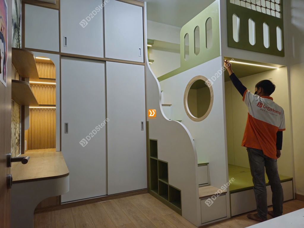 Phòng ngủ giường tầng cho 2 bé trai nhà anh Dũng