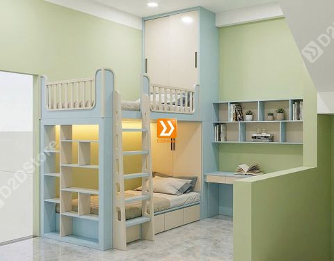 Phòng ngủ giường tầng cho 1 bé trai và 1 bé gái nhà chị Khuê Tú
