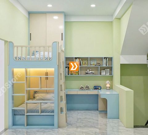 Phòng ngủ giường tầng cho 1 bé trai và 1 bé gái nhà chị Khuê Tú