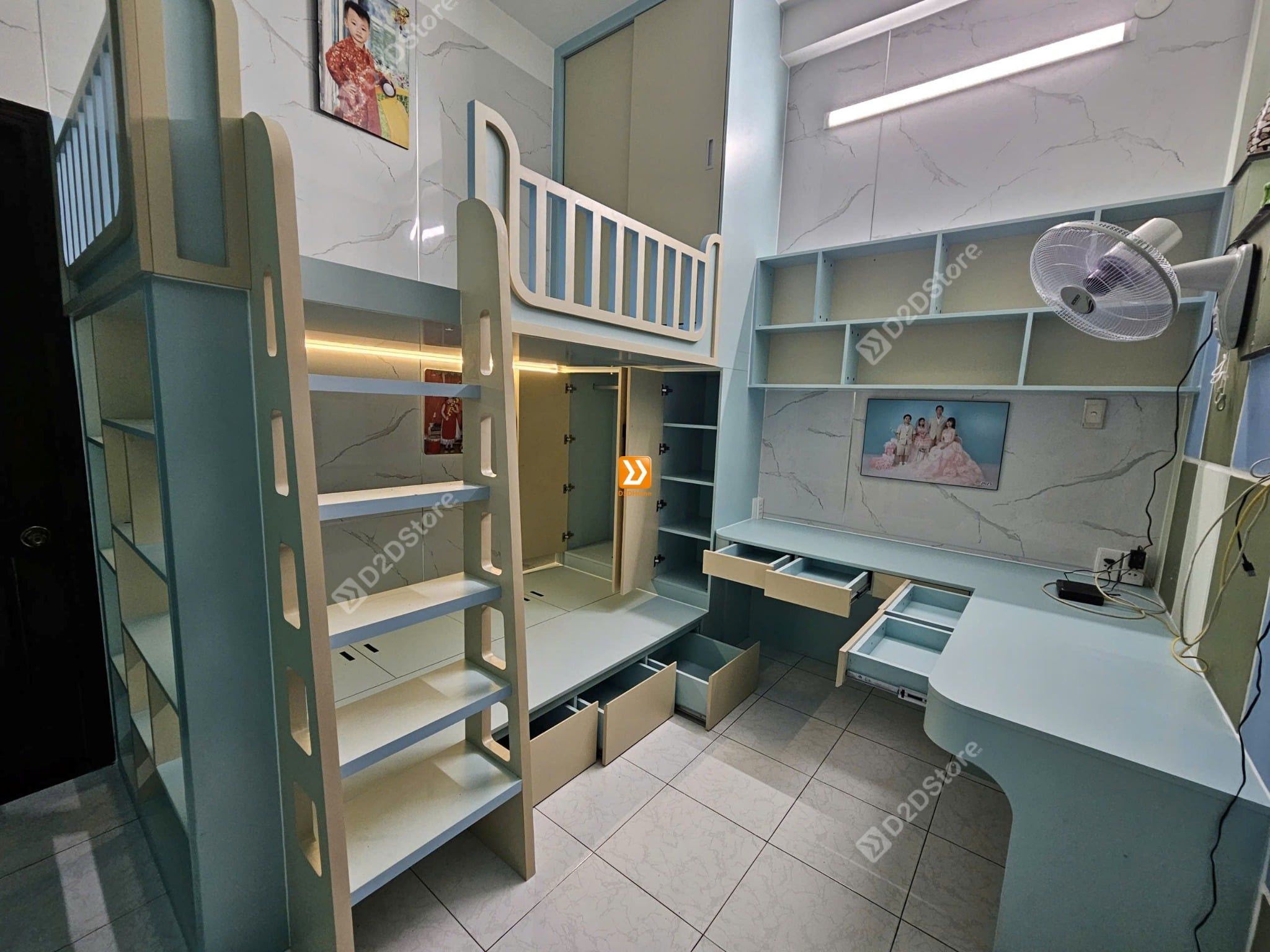 Phòng ngủ giường tầng cho 1 bé trai và 1 bé gái nhà chị Khuê Tú