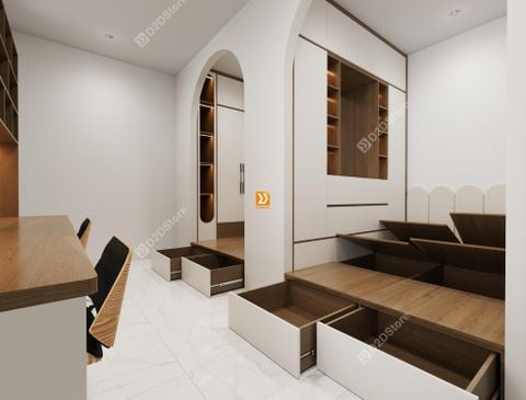 Hệ giường tủ đối xứng cho 2 bé nhà chị Đào