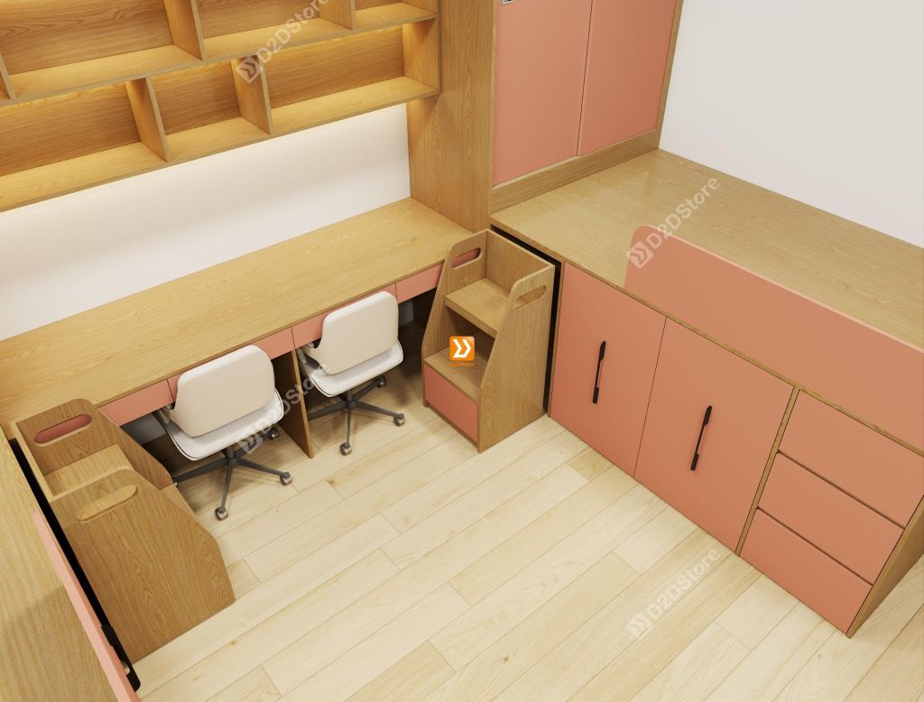 Hệ giường tủ đối xứng cho 2 bé gái nhà chị Kiều Võ