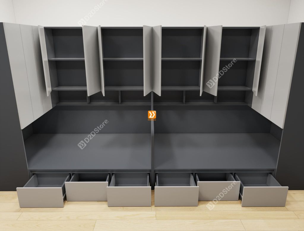 Hệ giường tủ đối xứng cho 2 bé nhà anh Lâm