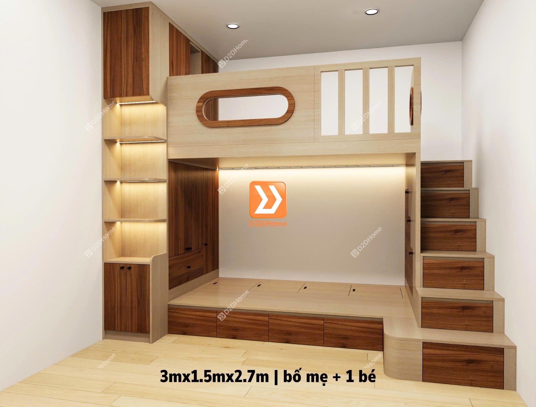 Phòng ngủ giường tầng cho bố mẹ và 1 bé trai nhà chị Linh Bùi