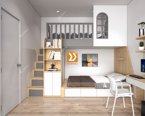 Phòng ngủ giường tầng 2 bé trai nhà chị Nhi