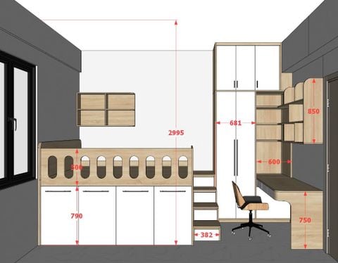 Phòng ngủ cho bé với hệ giường tủ bàn kết hợp nhà chị Sâm
