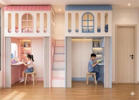 Phòng ngủ giường tầng đối xứng cho 2 bé trai và gái nhà chị Thu Giang