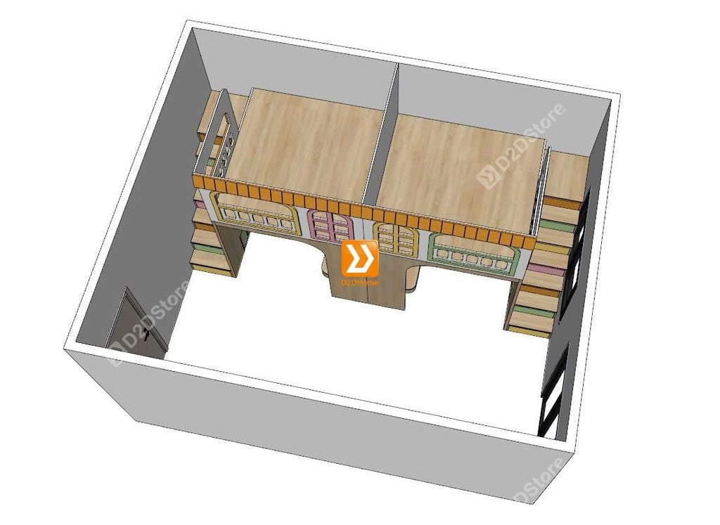 Phòng ngủ giường tầng đối xứng cho 2 bé gái nhà chị Cẩm
