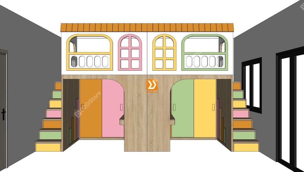 Phòng ngủ giường tầng đối xứng cho 2 bé gái nhà chị Cẩm