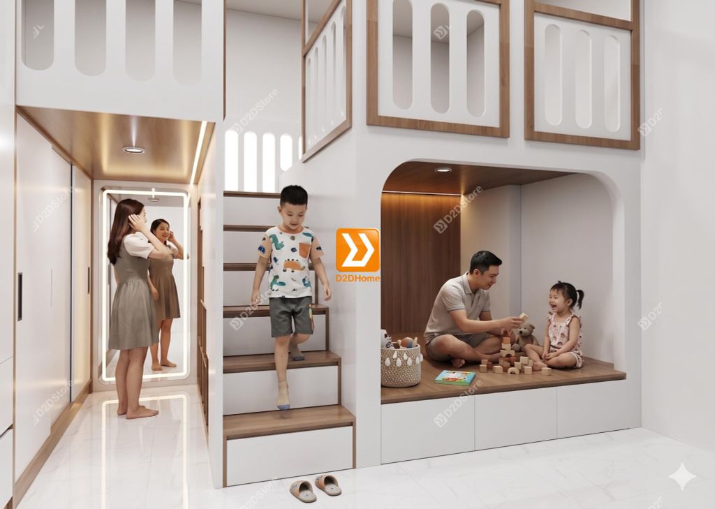 Phòng ngủ giường tầng cho bố mẹ và 2 bé nhà chị Phương Nguyễn