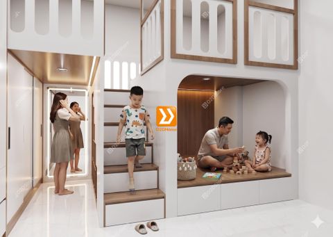 Phòng ngủ giường tầng cho bố mẹ và 2 bé nhà chị Phương Nguyễn