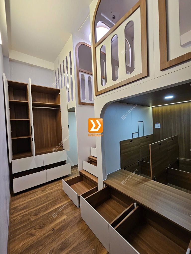 Phòng ngủ giường tầng cho bố mẹ và 2 bé nhà chị Phương Nguyễn