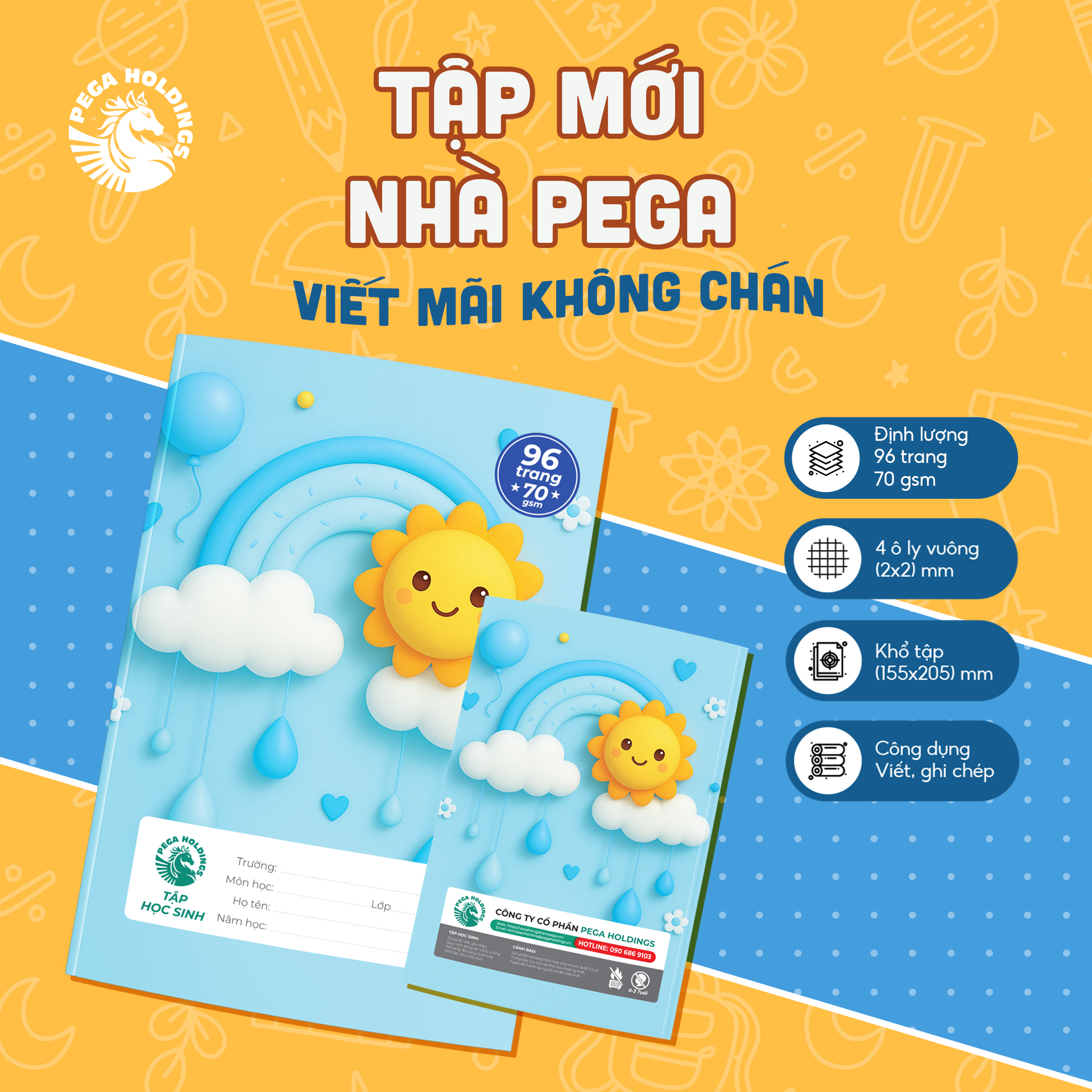  Tập học sinh Thiên Long PG-70 – 96 trang, kẻ 4 ô ly ngang, giấy trắng mịn, viết êm tay, không lem mực. Bìa in hình sinh động, màu sắc tươi sáng, thích hợp cho học sinh tiểu học và THCS 