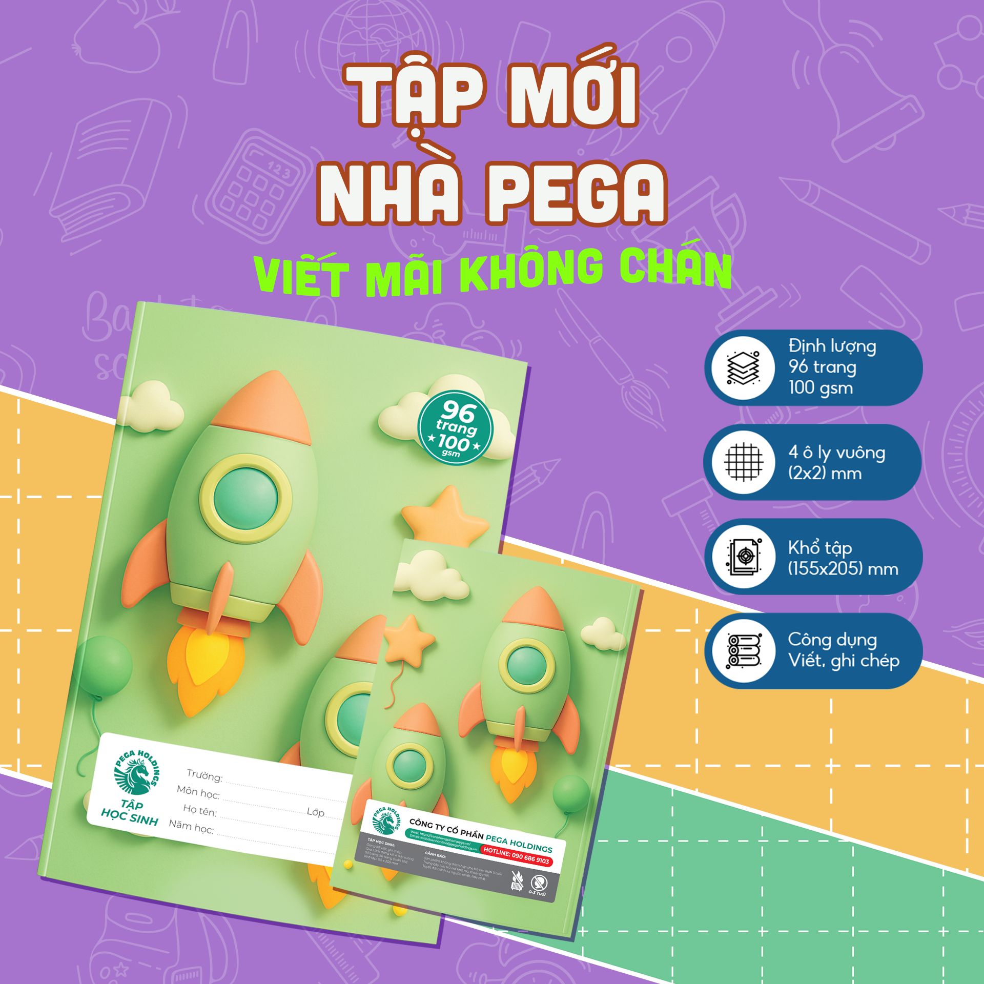  Tập học sinh Thiên Long PG-100 – 96 trang, kẻ 4 ô ly ngang, giấy trắng mịn, viết trơn, không lem mực. Bìa in hình sinh động, thiết kế tươi sáng, rất phù hợp cho học sinh tiểu học và THCS 