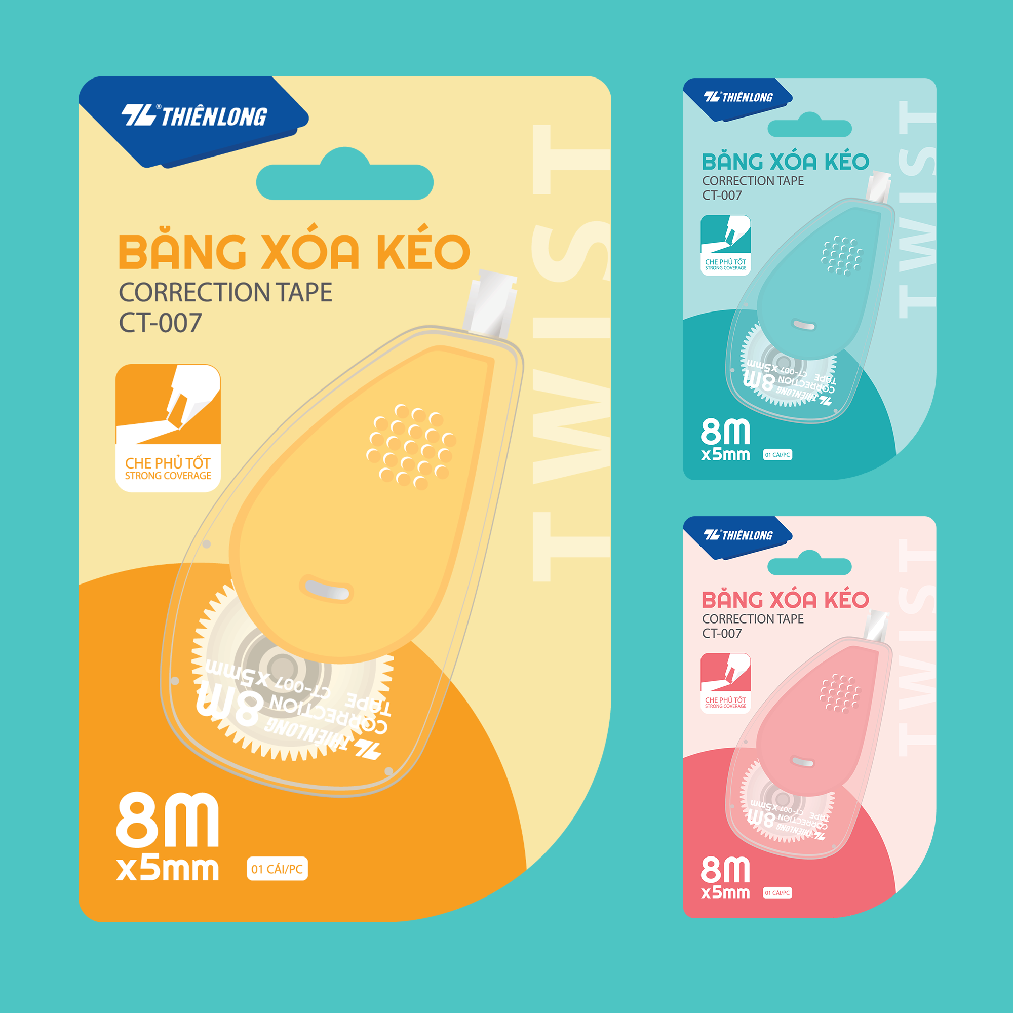  Băng xóa kéo Thiên Long CT-007, chiều dài băng 8m, thiết kế nhỏ gọn, dễ cầm nắm, giúp sửa lỗi nhanh chóng và gọn gàng. Băng xóa bám đều, che phủ tốt, khô ngay sau khi sử dụng, có thể viết đè ngay mà không lem, không nhăn giấy 