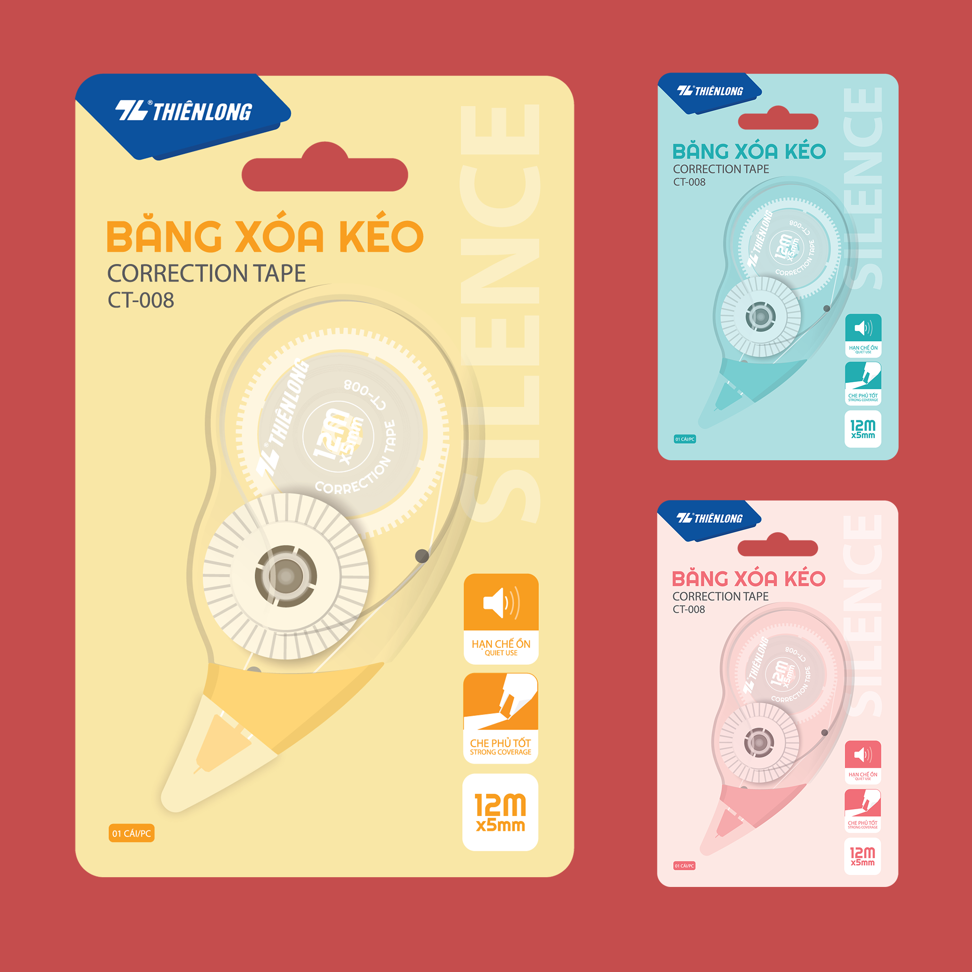  Băng xóa kéo Thiên Long CT-008, chiều dài băng 12m, thiết kế nhỏ gọn, tiện lợi, giúp sửa lỗi viết nhanh chóng và chính xác. Băng xóa bám đều, che phủ tốt, khô ngay sau khi sử dụng, có thể viết đè ngay mà không lem, không làm nhăn giấy 