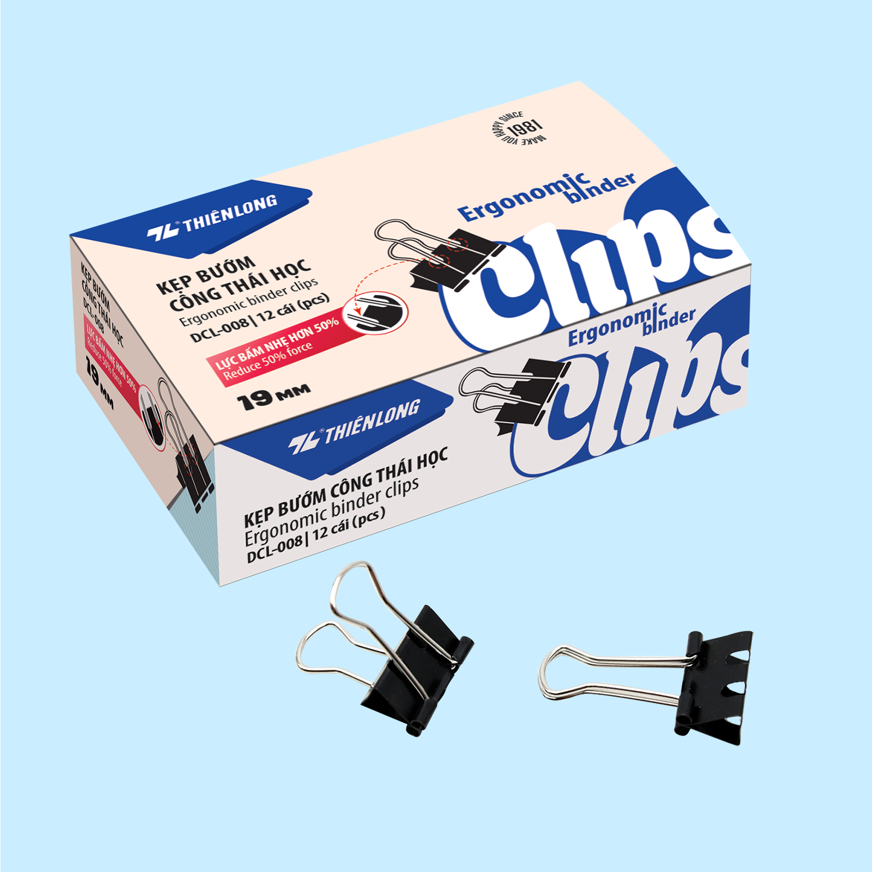  Kẹp bướm Thiên Long CTH 19mm DCL-008 (hộp 12) được làm từ thép carbon cao cấp phủ sơn tĩnh điện chống gỉ, giúp bền chắc và giữ giấy tờ chặt mà không làm rách mép 