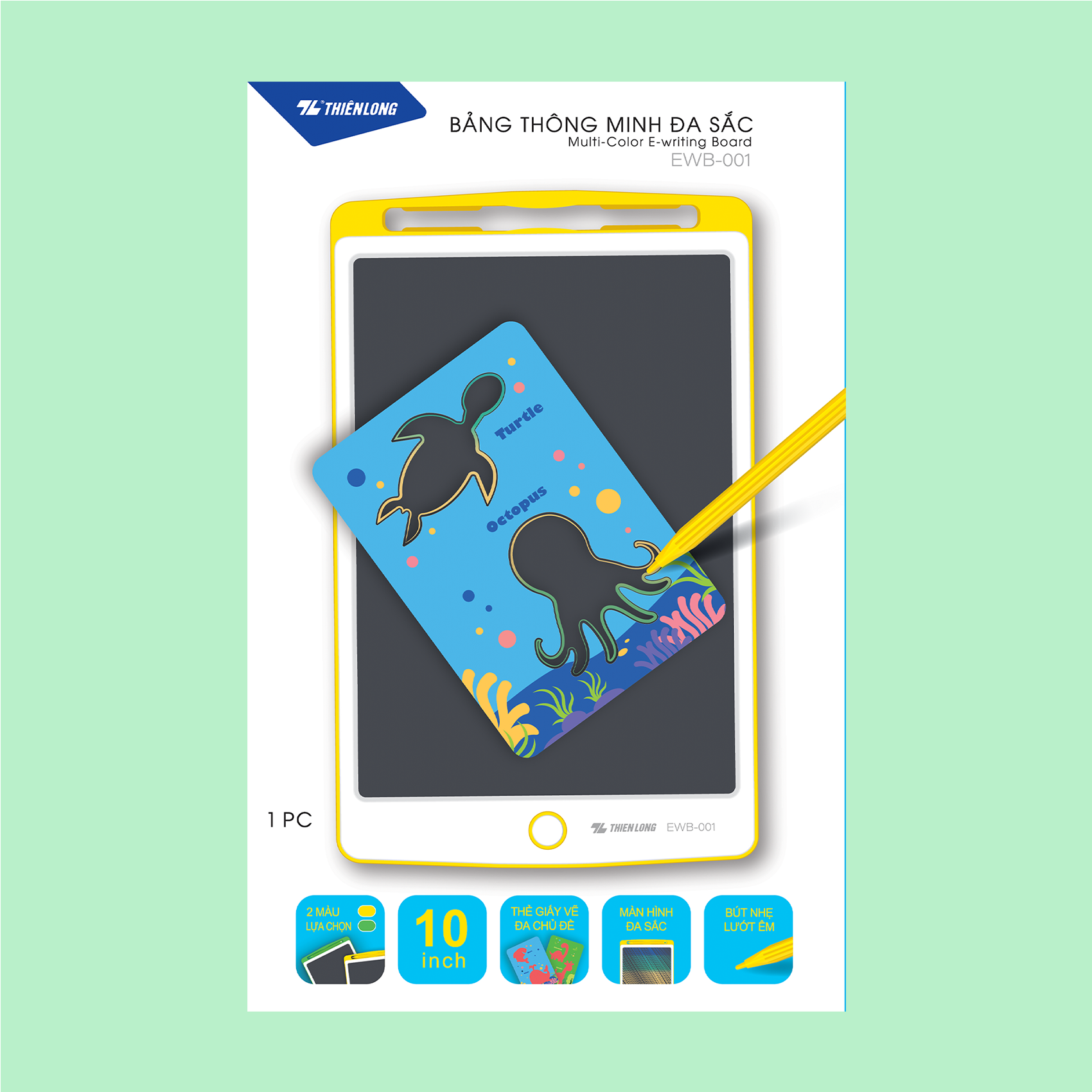  Bảng thông minh đa sắc Thiên Long EWB-001 – kích thước 10 inch, thiết kế mỏng nhẹ, hiện đại, cho phép viết, vẽ và xóa dễ dàng chỉ với một nút bấm 
